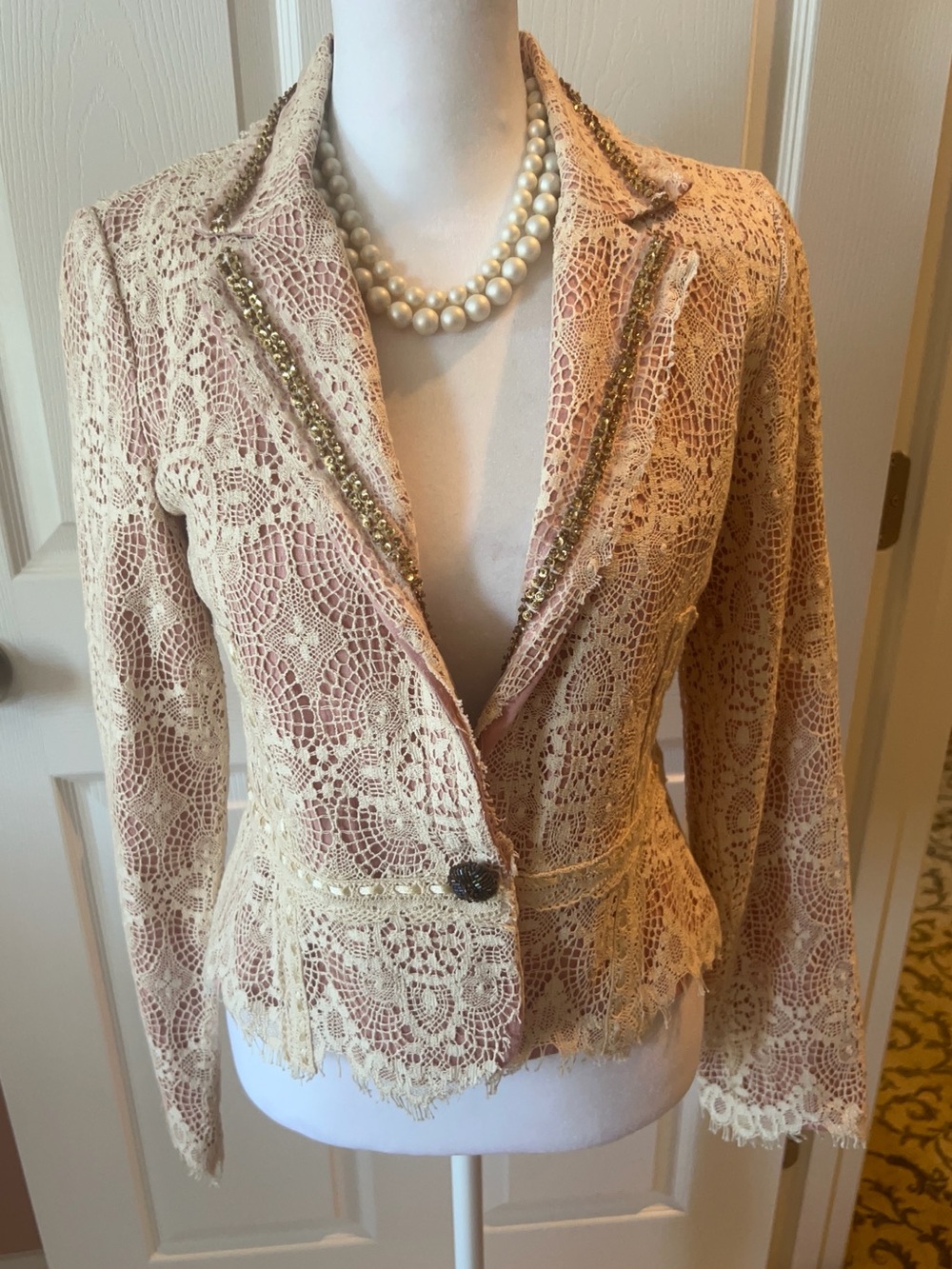 True Meaning Pink Lace Blazer with Gold Trim